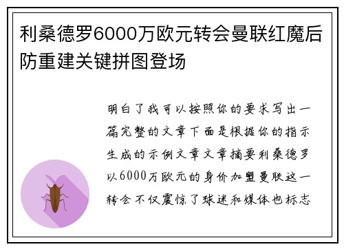 利桑德罗6000万欧元转会曼联红魔后防重建关键拼图登场