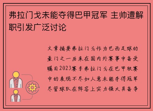 弗拉门戈未能夺得巴甲冠军 主帅遭解职引发广泛讨论
