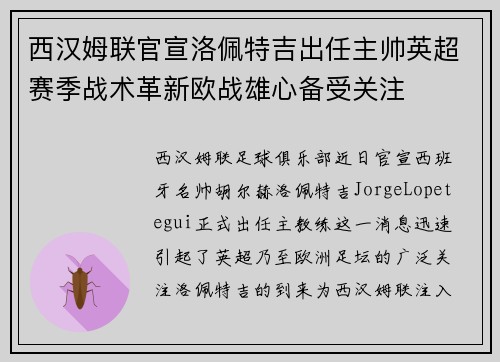 西汉姆联官宣洛佩特吉出任主帅英超赛季战术革新欧战雄心备受关注