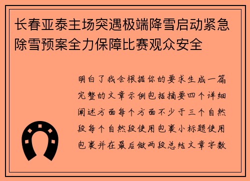 长春亚泰主场突遇极端降雪启动紧急除雪预案全力保障比赛观众安全